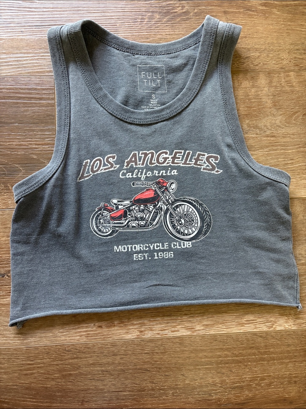 Full Tilt Gray Motorcycle Graphic Crop Tank with Red Accent